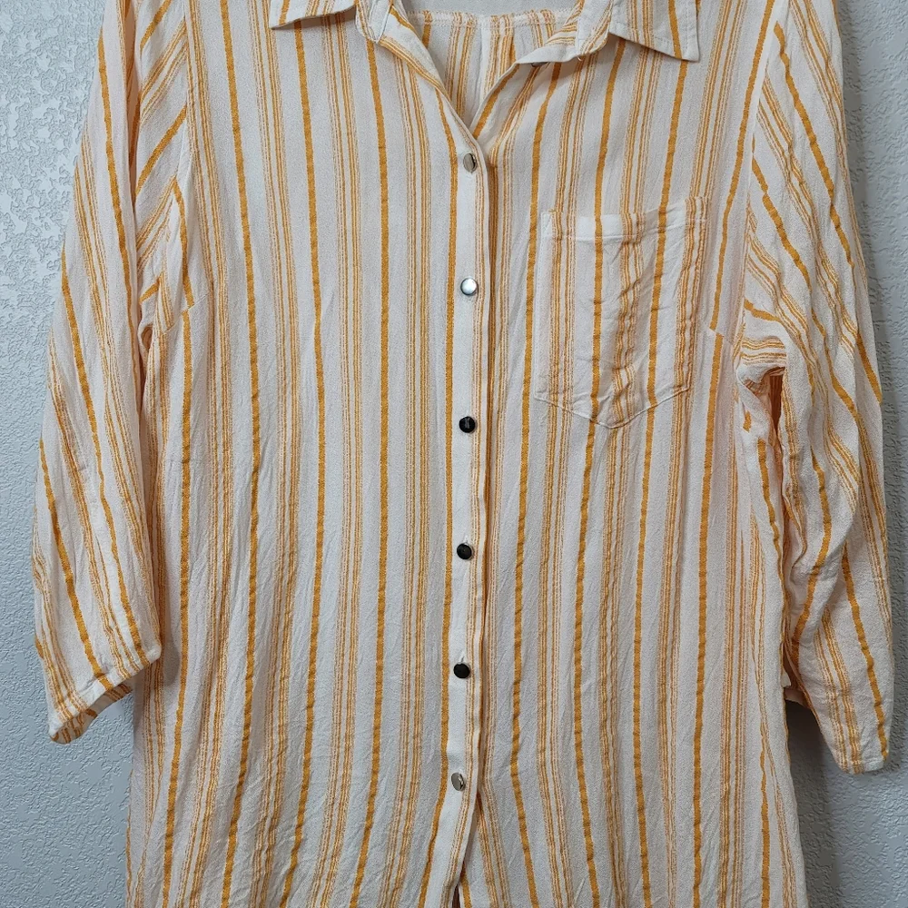 89+Madison 3/4 sleeve button up roll tab yellow stripe crepe collared sh…